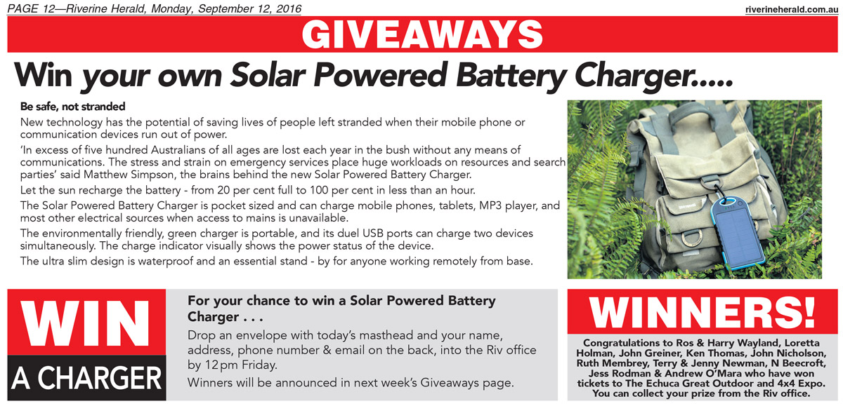 Riverine Herald – Solar Powered Battery Charger – September 2016